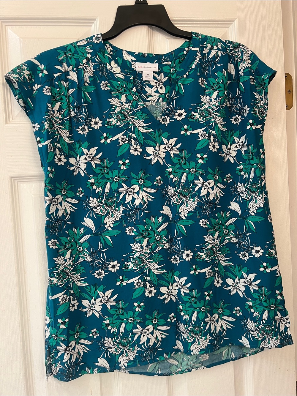 Liz Claiborne Teal Floral Short Sleeve Blouse